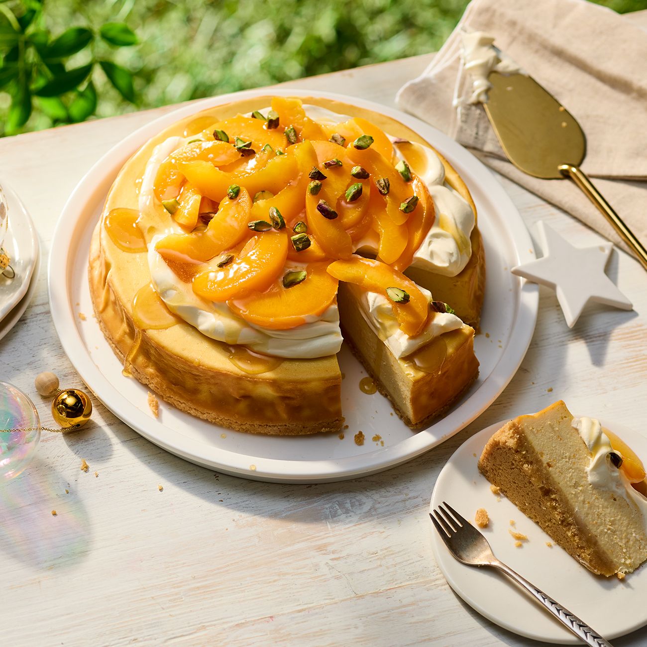 Baked peach & pistachio cheesecake